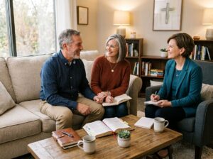 A Christian counselor meets with a married couple in a comfortable home setting, facilitating biblical conversations about marriage, intimacy, communication, and relationship growth.