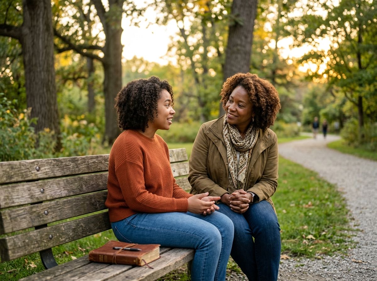 A Christian soul coach listens to a young woman during an encouraging conversation on a park bench, offering Christ-centered guidance, support, and spiritual encouragement.