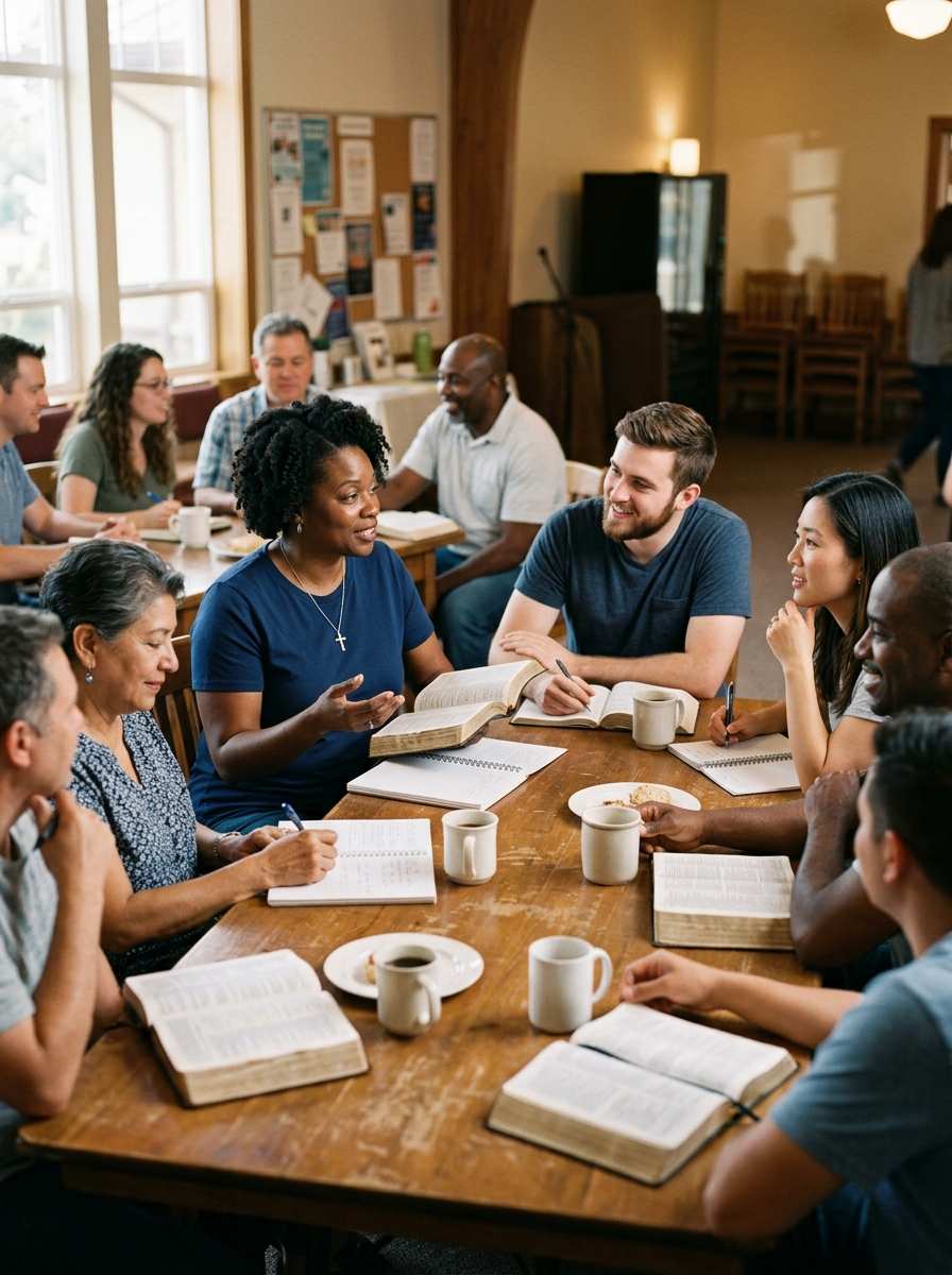 Christian small group encouraging one another during a Bible discussion.