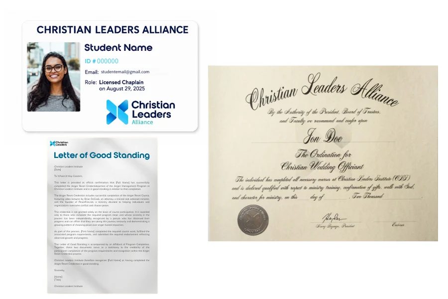 Wedding officiant ordination Basics Kit with official Christian ministry credentials