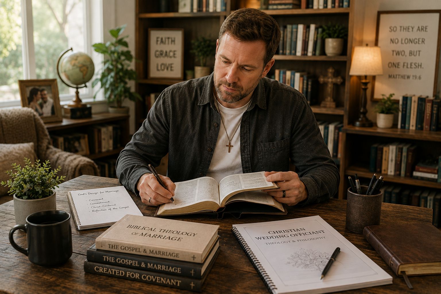 Christian wedding officiant studying biblical theology and the philosophy of Christian marriage