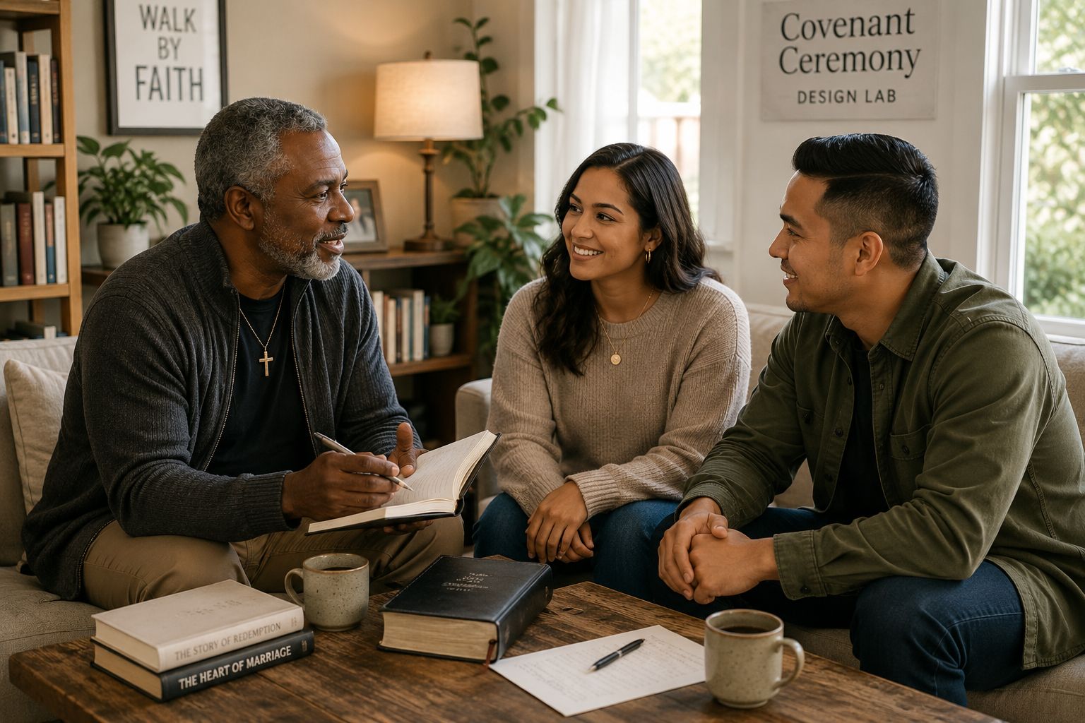 Christian wedding officiant meeting with a couple during advanced wedding ceremony design training