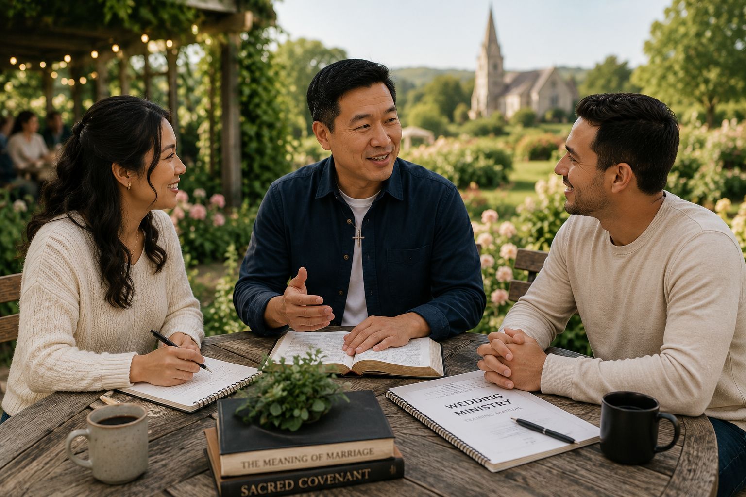 Christian wedding minister providing premarital preparation and marriage ministry to a couple
