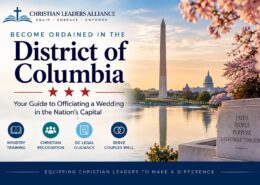 District of Columbia wedding officiant ordination guide with Washington Monument, U.S. Capitol, cherry blossoms, and Christian ministry symbols