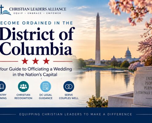 District of Columbia wedding officiant ordination guide with Washington Monument, U.S. Capitol, cherry blossoms, and Christian ministry symbols