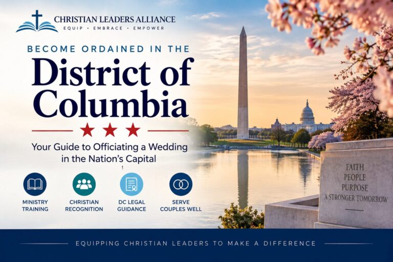 District of Columbia wedding officiant ordination guide with Washington Monument, U.S. Capitol, cherry blossoms, and Christian ministry symbols